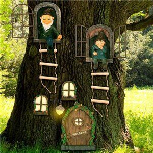 7 Pcs Fairy Garden Accessories Tree Hugger Gnome Statue Fairy Door Window Set